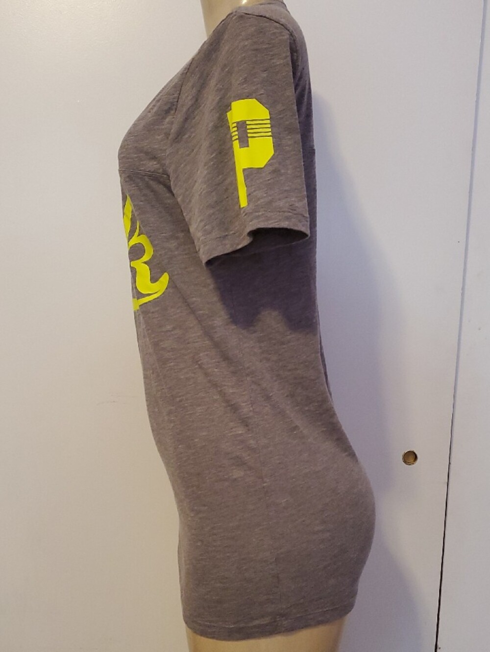 PINK Victoria's Secret Heather Gray V-Neck Tee with Neon Yellow Logo - Picture 3 of 10